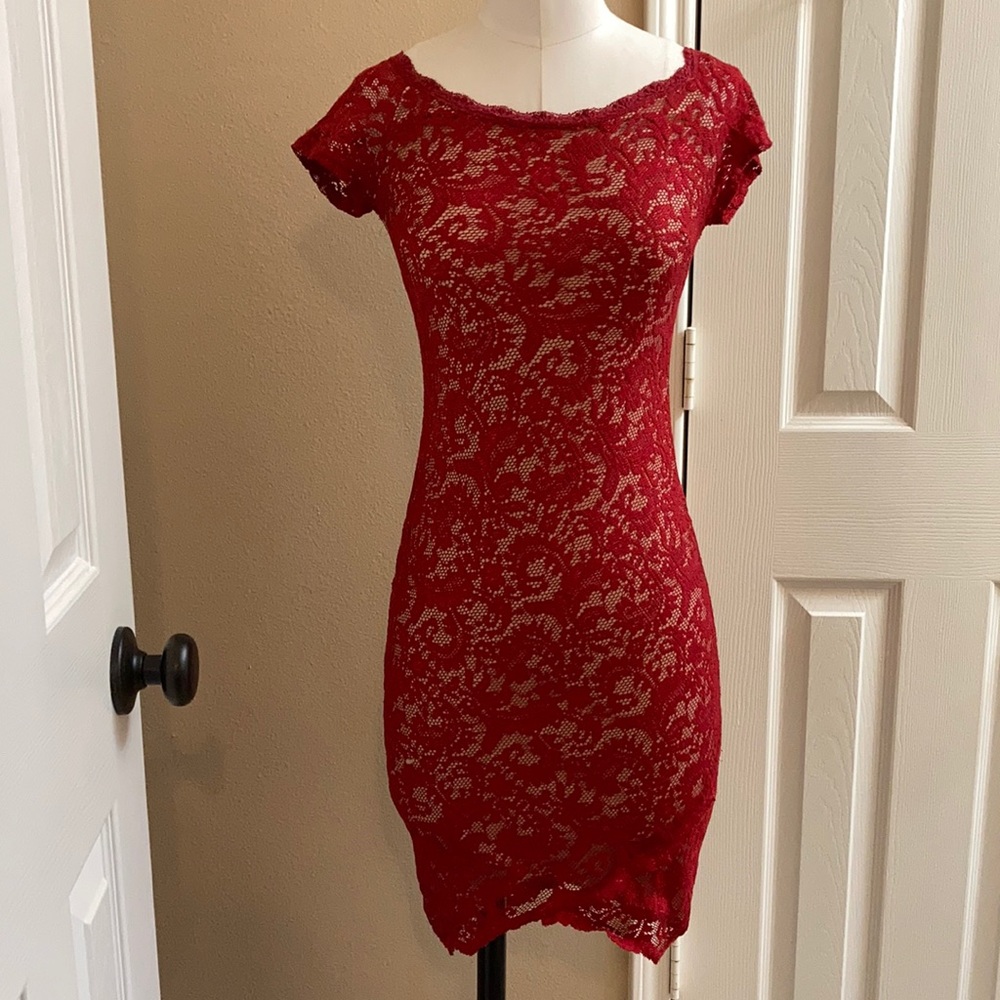Like new Bisou Bisou red lace nude slip dress